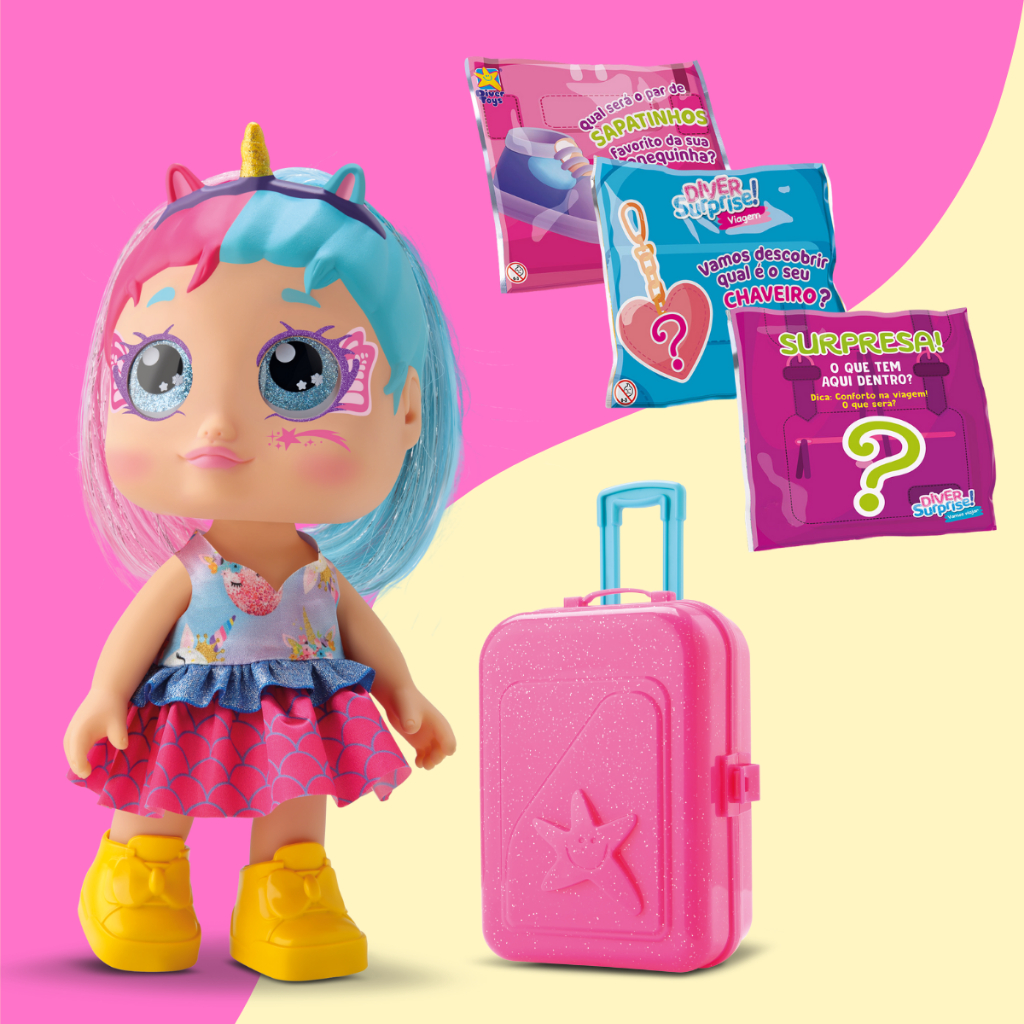 Boneca Infantil Vinil Diver Surprise Vamos Viajar Mala Brinquedo Menina