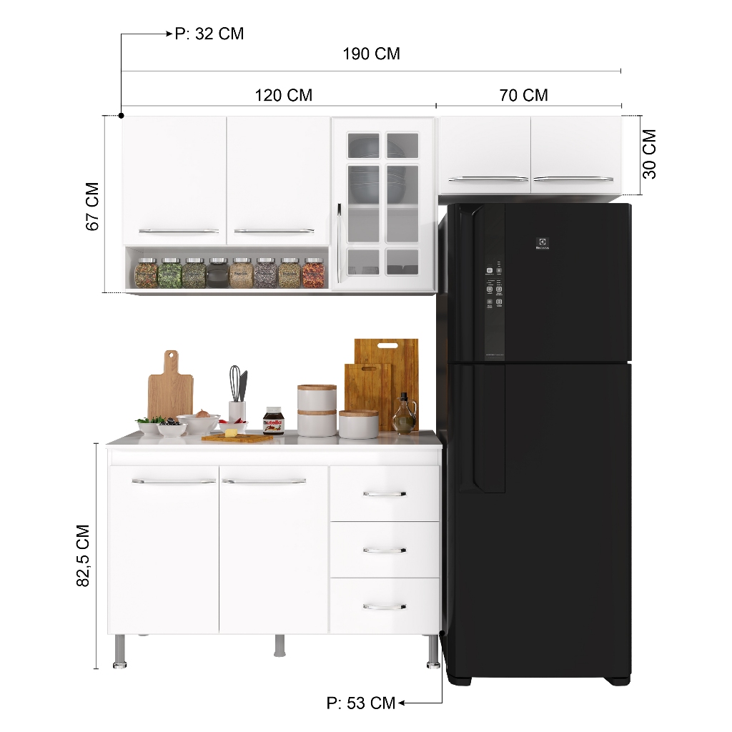 Detalhes do Cozinha Modulada Compacta Fidelitá Viena 3 Peças 190cm 7 Portas 3 Gavetas Com Tampo Branco