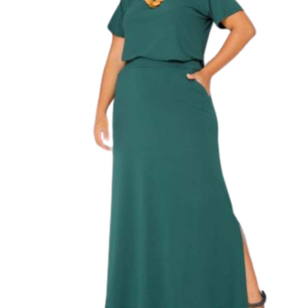 Conjunto Feminino Saia Longa e Blusa Manga Curta com Bolso Viscolycra Solto