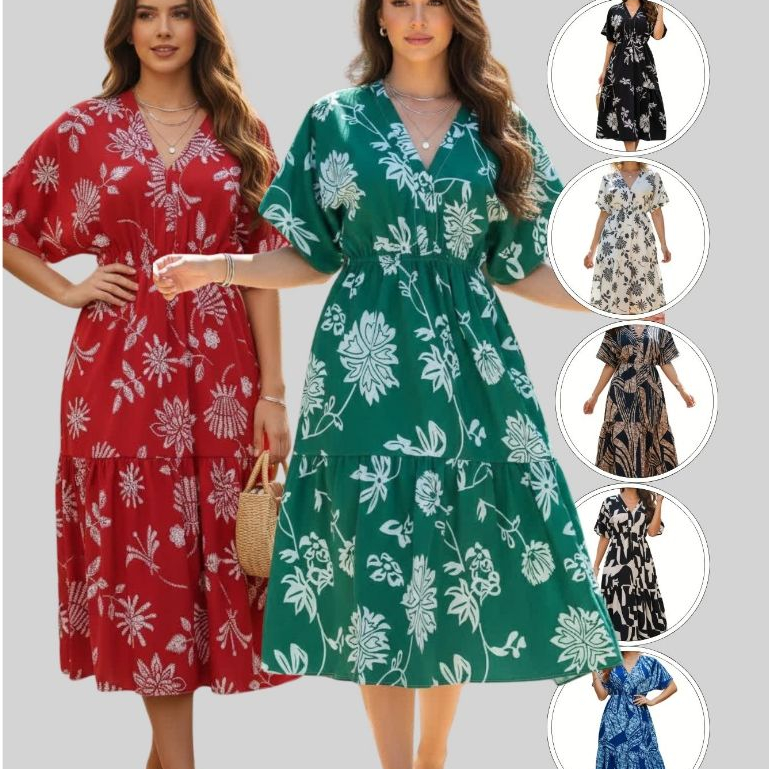 Vestido Feminino Midi Evangelico Estampado Elástico na Cintura Modelo Bata Elegante Moda 2026