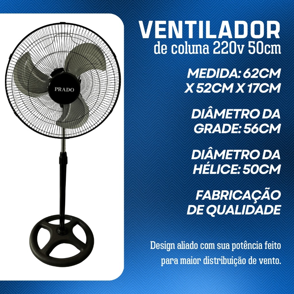 Ventilador Pedestal Coluna Prado 50cm Hélice Metal Forte Silencioso 110v ou 220v