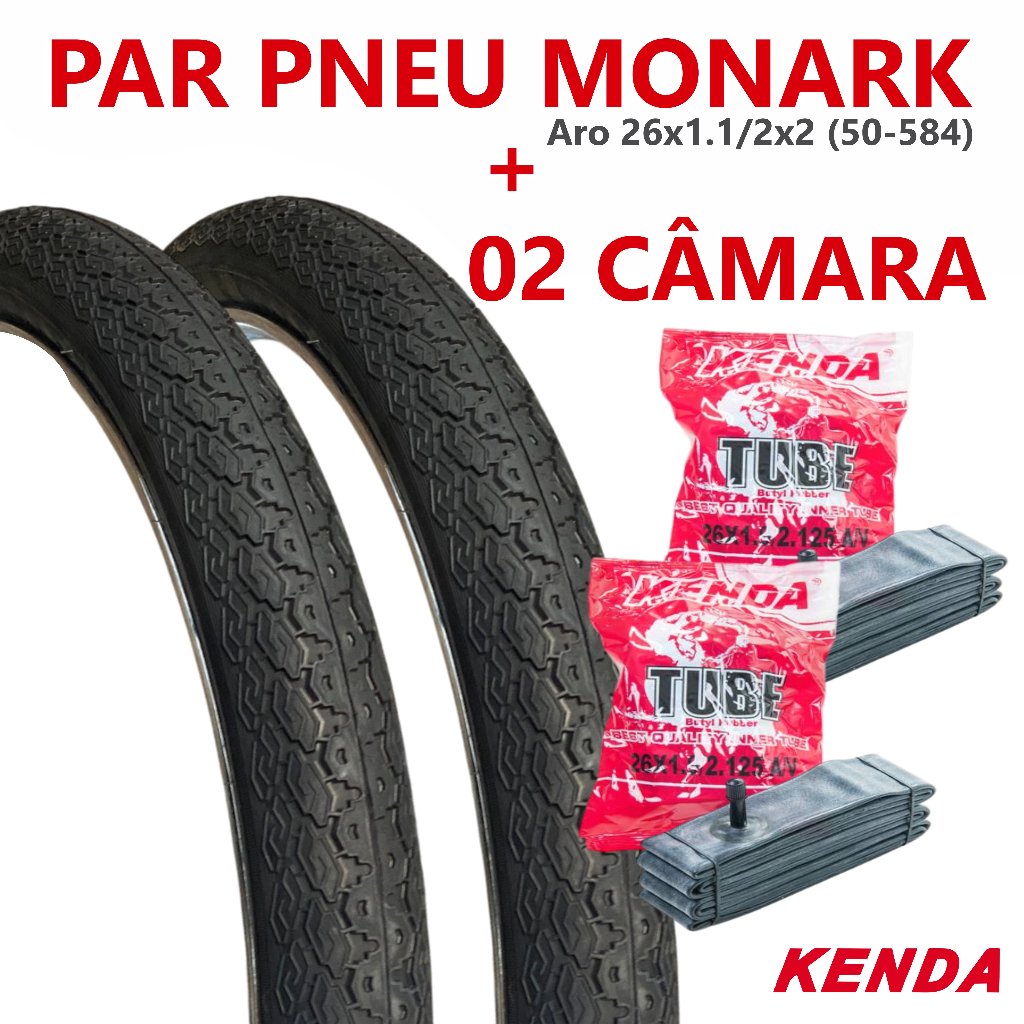 Par de Pneu Monark Aro 26x1.1/2x2 Kenda Barra Forte + 2 Camaras Bico Grosso Bicicleta Bike Aro 26 Passeio (50-584)