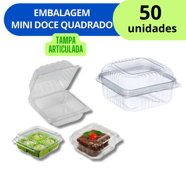POTE PARA DOCE QUADRADO C/ TAMPA ARTICULADA TRANSPARENTE COM 50 UNIDADES 130 ML - BOLO DE POTE, BRIGADEIRO, PAVÊ, TORTAS