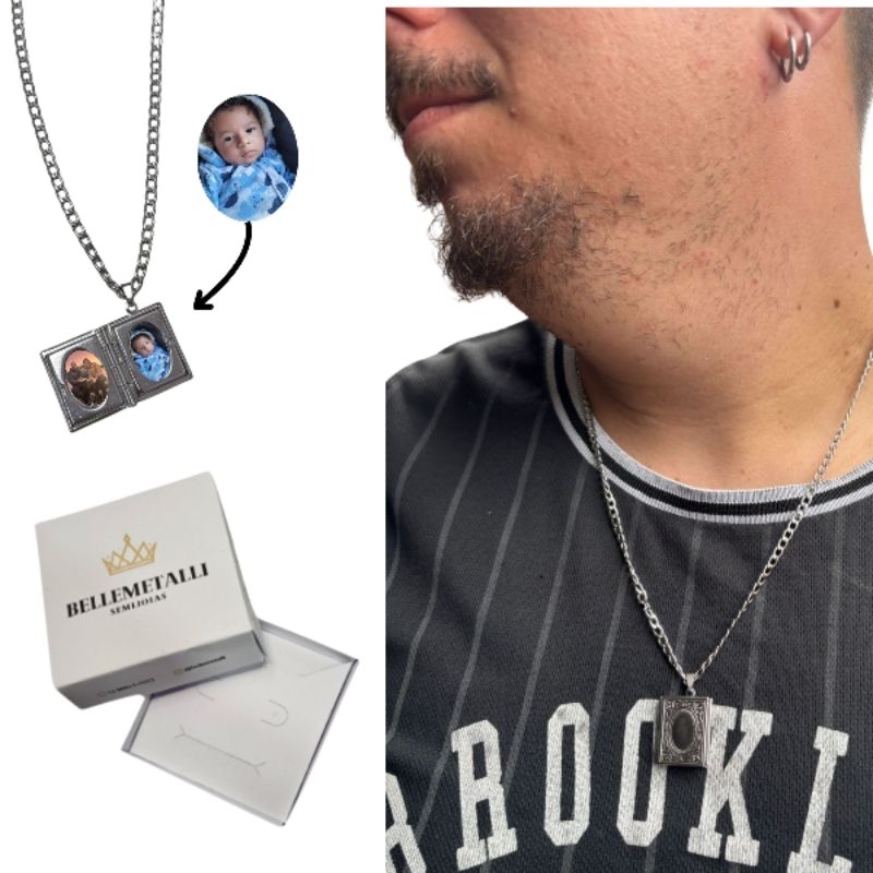 Relicário Masculino Livro + Corrente 60cm em aço Inox Antialérgico com 2 Fotos + Caixinha em Oferta na Shopee