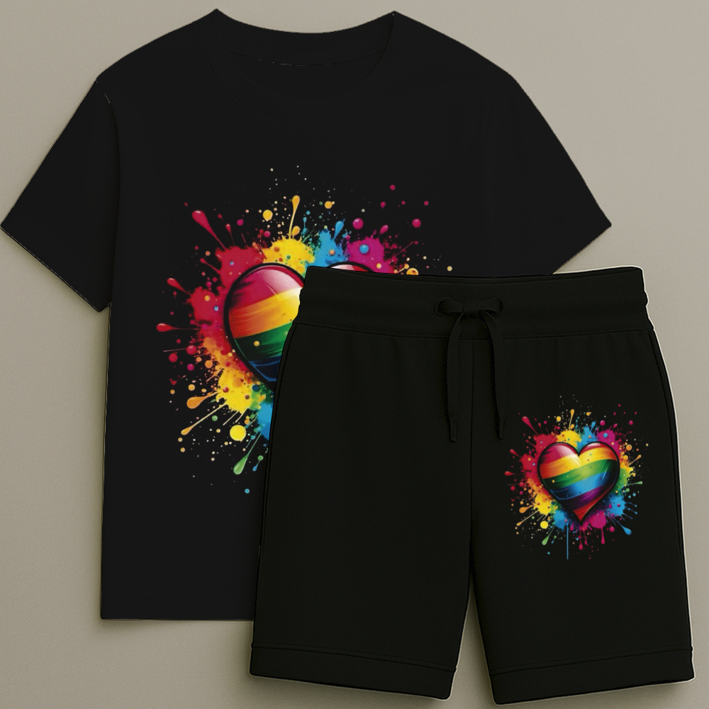 Camiseta e Bermuda Infantil Masculina Estampa Coração Colorido Premium Alta Qualidade Tamanho 2 a 16