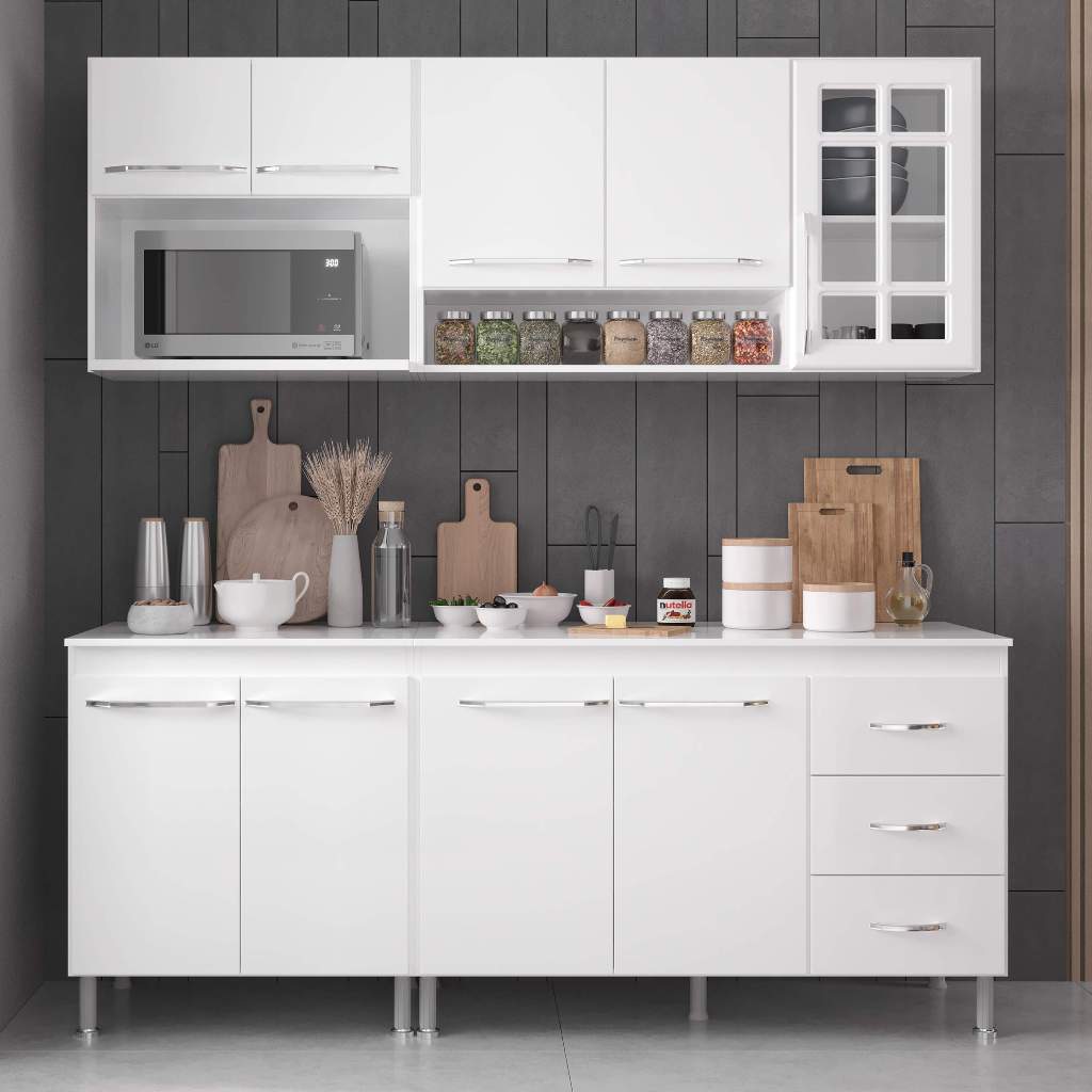 Armário de Cozinha Modulada Compacta Fidelitá Viena 4 Peças 190cm 9 Portas 3 Gavetas Com Tampo Branco em Oferta na Shopee