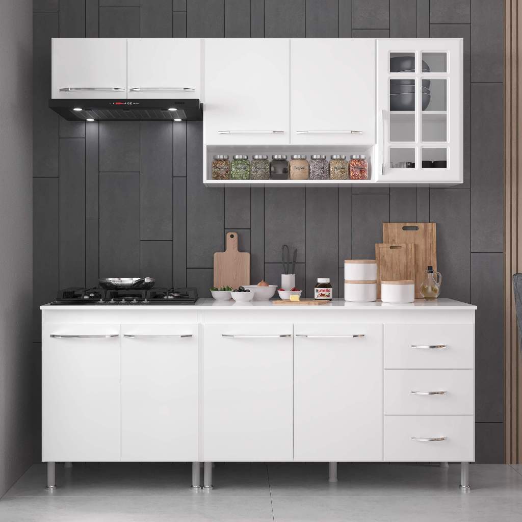 Armário de Cozinha Modulada Compacta Fidelitá Viena 4 Peças 190cm 9 Portas 3 Gavetas Com Tampo Branco