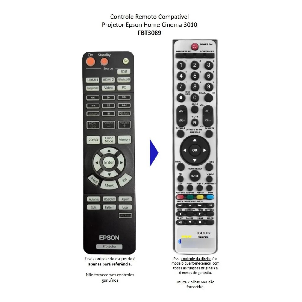 Controle Remoto Compatível Projetor Epson Home Cinema 3010 FBT3089
