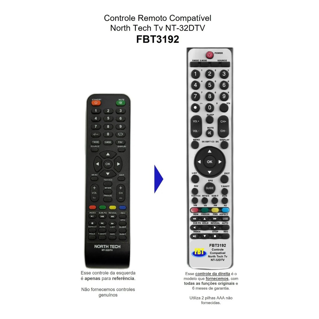 Controle Remoto Compatível North Tech Tv NT-32DTV FBT3192
