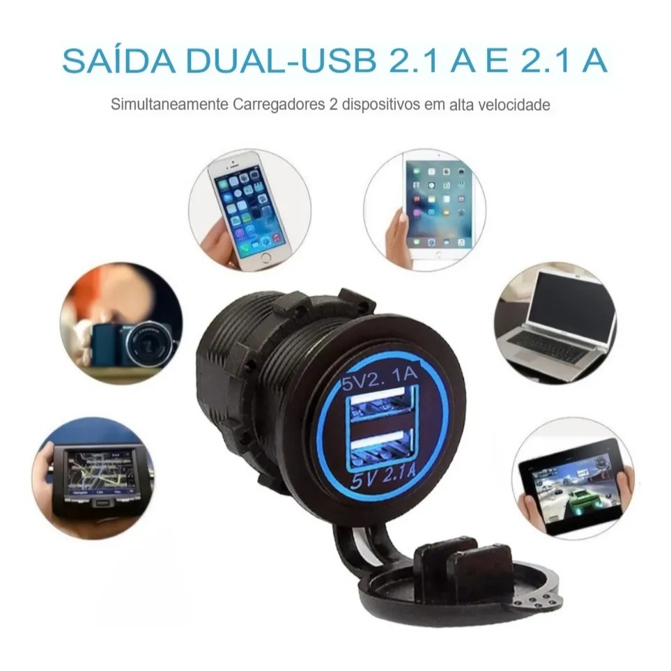 TOMADA CARREGADOR VEICULAR  Usb Plug 2 Saídas 3.1a Led Azul Azul CELULAR SMART TABLETE - CARRO MOTO MOTORHOME