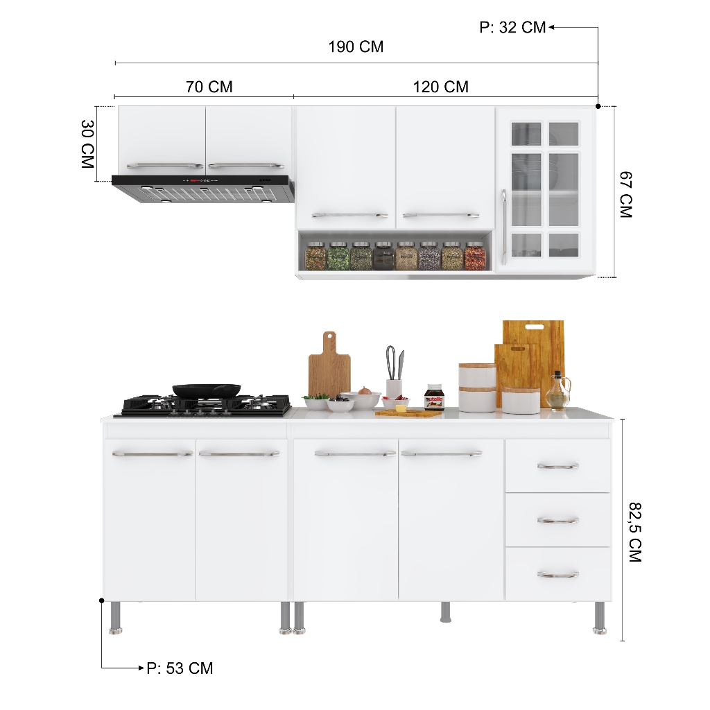 Detalhes do Cozinha Modulada Compacta Fidelitá Viena 4 Peças 190cm 9 Portas 3 Gavetas Com Tampo Branco