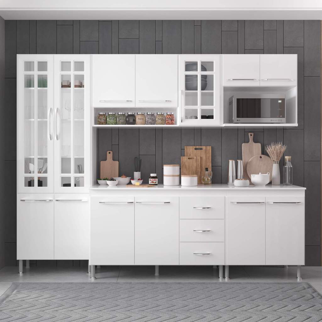 Armário de Cozinha Modulada Completa Fidelitá Viena 5 Peças 260cm 13 Portas 3 Gavetas Com Tampo Branco