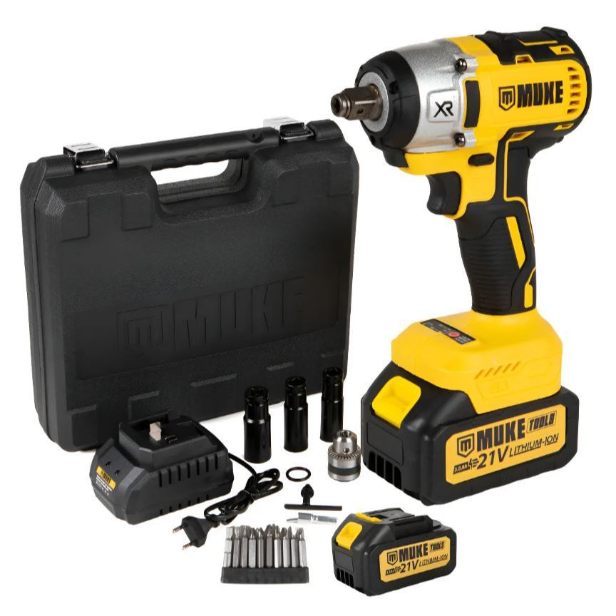 Chave De Impacto 21V 380Nm Brushless com 2 Baterias 3000mAh, Kit 15 acessórios e Maleta Muke Tools em Oferta na Shopee
