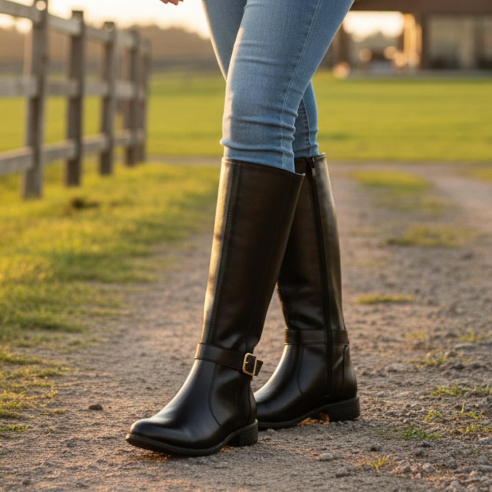 Bota Montaria Feminina Cano Alto Salto Grosso Confortável Elegante Bico Arredondado Ref. C223