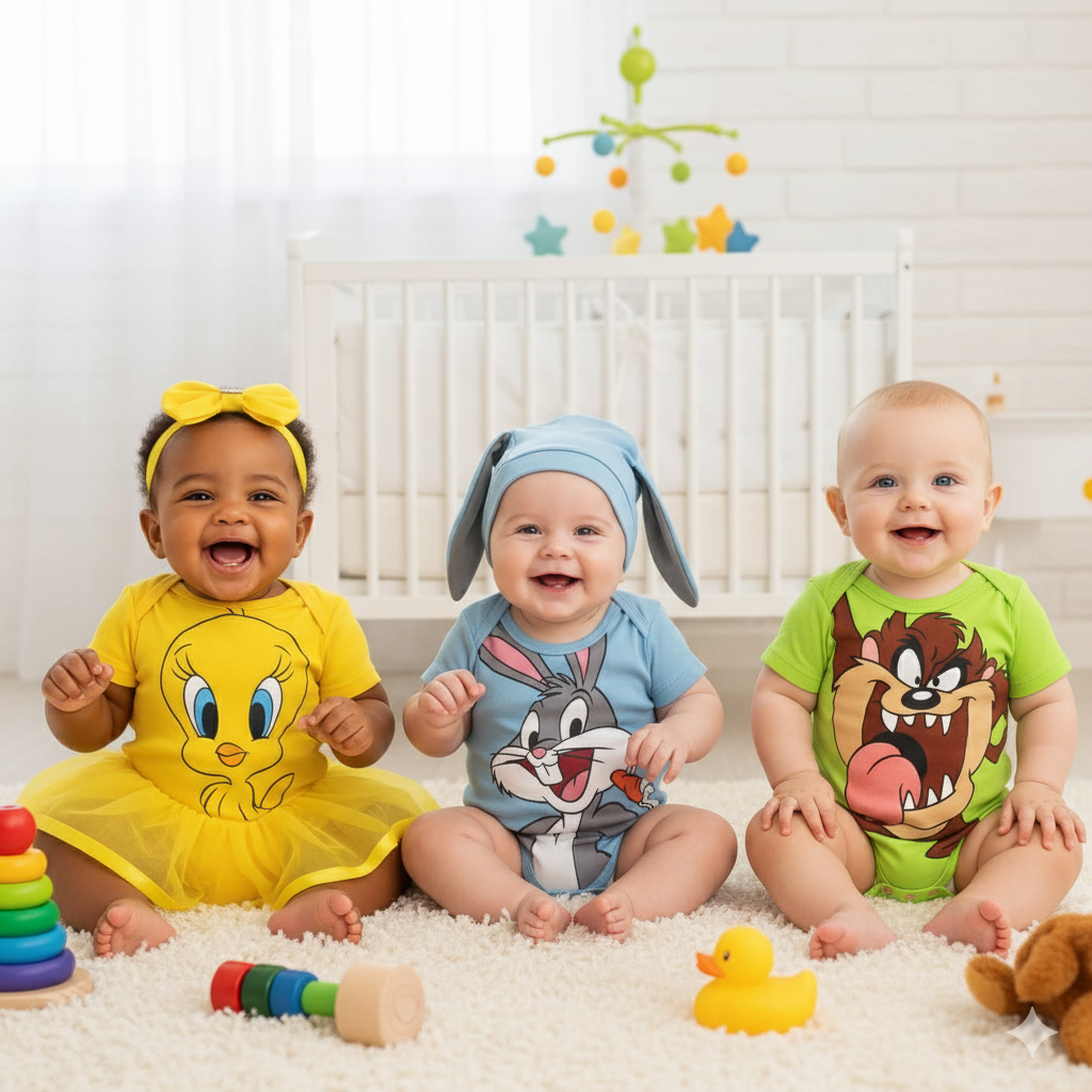 Body Bebe Temático Mesversario Fantasia Looney Tunes - Perna Longa