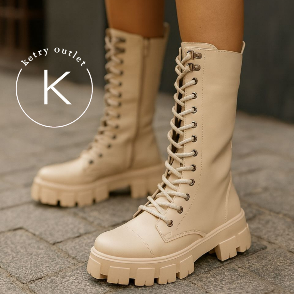 Bota Coturno Tratorado Cano Alto/Longo Zíper Lateral Off White