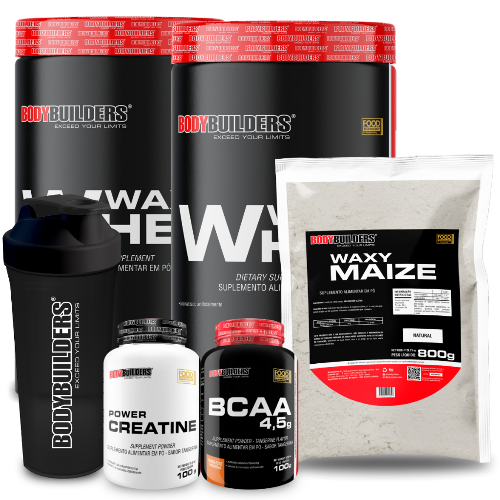 Kit 2x Waxy Whey 900g + Maize 800g + Power Creatina 100g + BCAA 100g + Coqueteleira - Bodybuilders em Oferta na Shopee