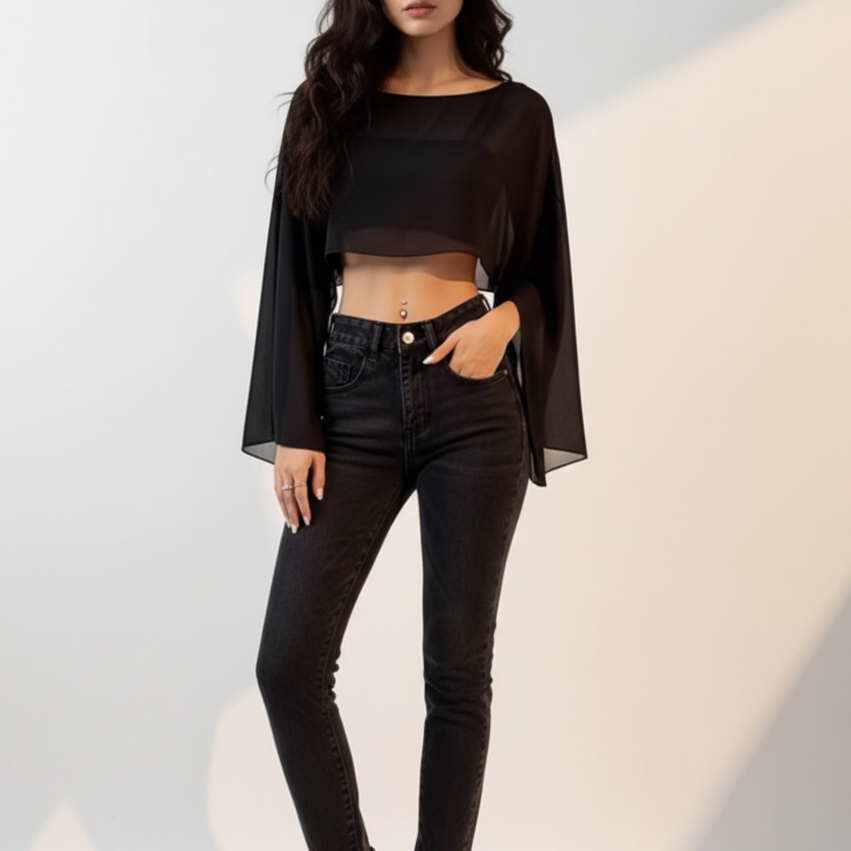 Blusa Cropped Tule Transparente com Abertura nas Mangas – Estilo Moderno em Oferta na Shopee