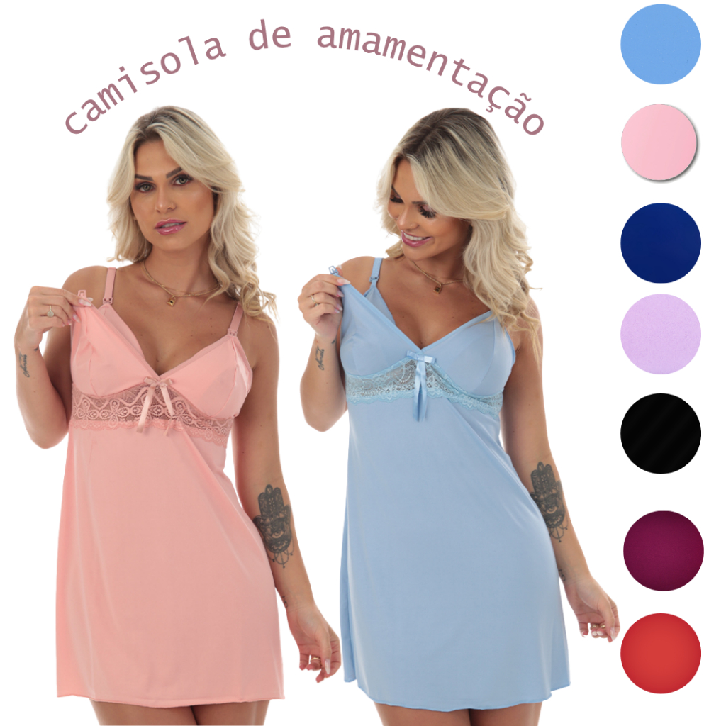 Camisola  Renda de Amamentação com Abertura para Amamentar Pijama Saída Maternidade Gestante Enxoval Mamãe