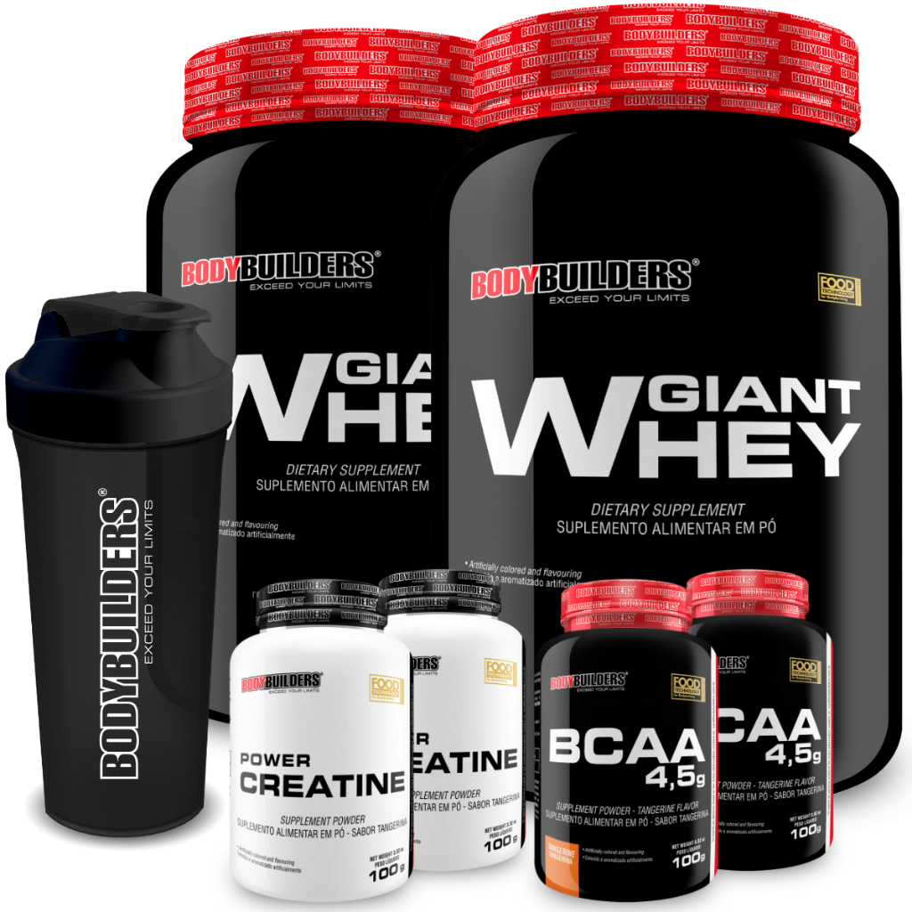 Kit 2x Giant Whey 900g + 2x BCAA 100g + 2x Power Creatina 100g + Coqueteleira - Bodybuilders em Oferta na Shopee