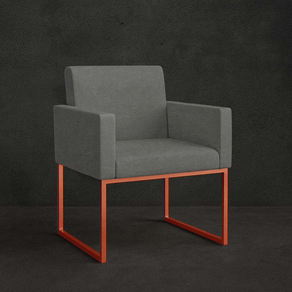 Poltrona Moderna Tecido Linho Grafite - Base de Ferro Cobre
