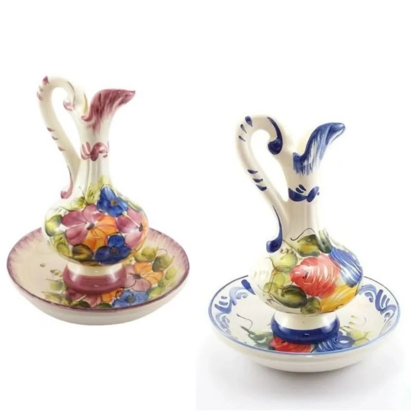 KIT 2 JARRA COM BACIA EM CERÂMICA 24X12CM PINTADO A MÃO ESMALTADO