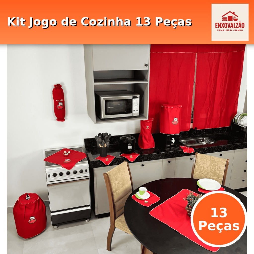 Kit Jogo de Cozinha 13 Peças Completo Com Cortina e Toalha de Mesa