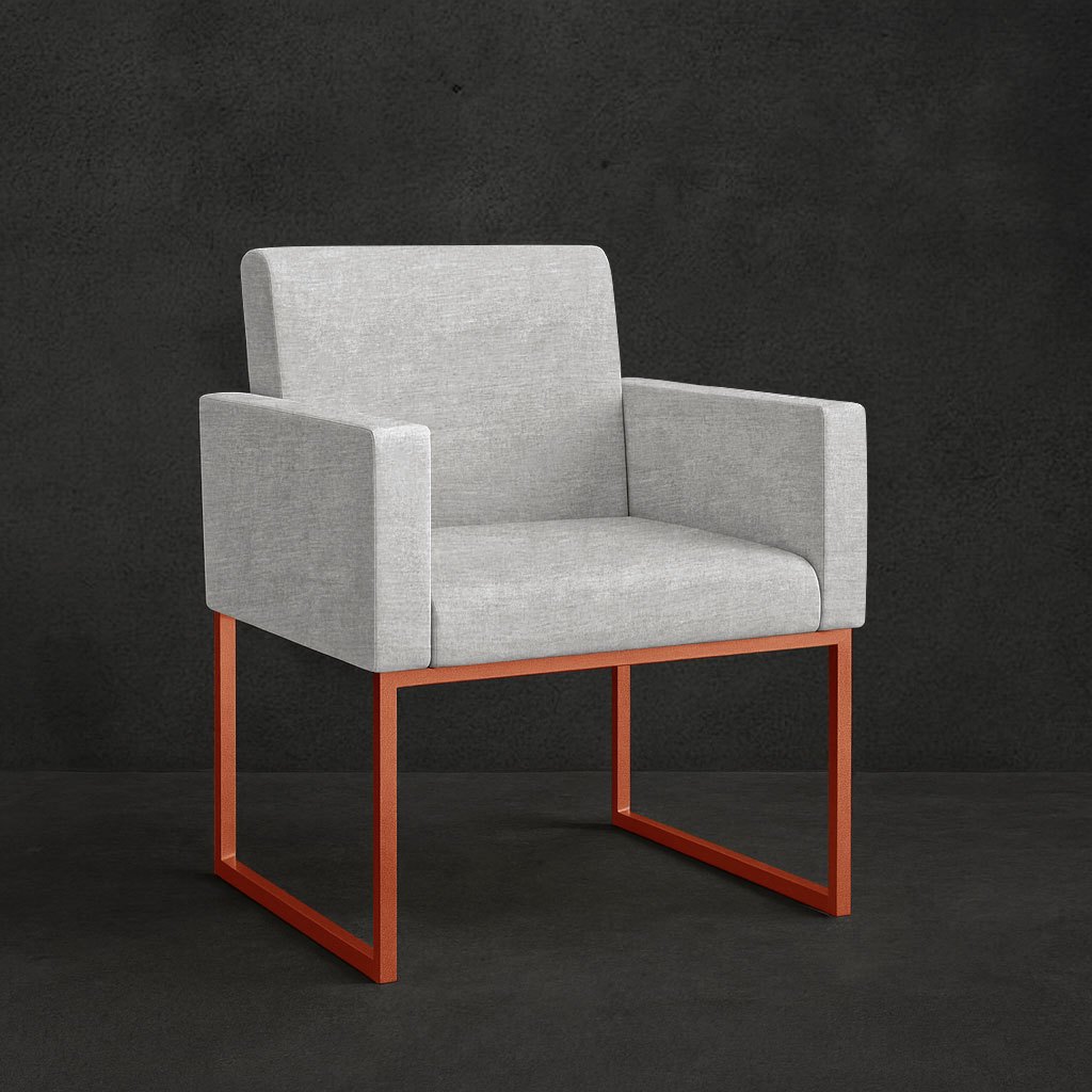 Poltrona Moderna Tecido Linho Cinza - Base de Ferro Cobre