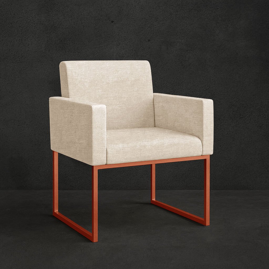 Poltrona Moderna Tecido Linho cor Bege - Base de Ferro Cobre
