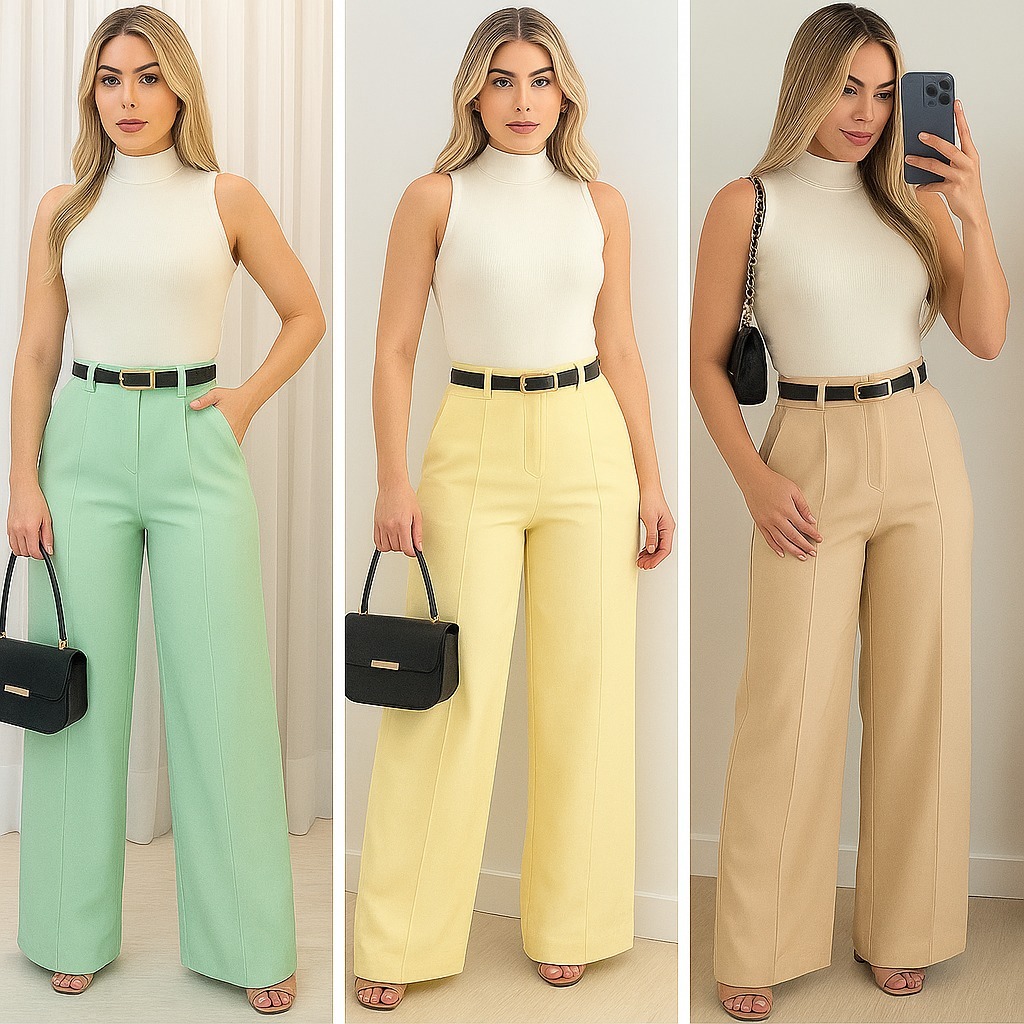 Calça Pantalona Feminina Cintura Alta com Bolso e Zíper Tecido Duna | Tendência 2026 em Oferta na Shopee