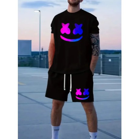 Conjunto Camiseta E Bermuda Kit Masculino Sorriso Neon Streetwear