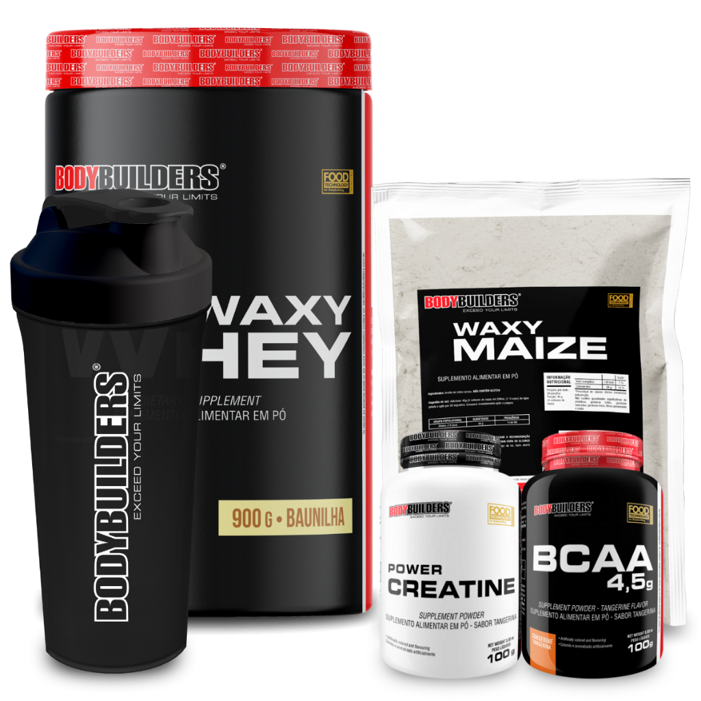 Kit Waxy Whey 900g + Creatina Power 100g + Bcaa 100g + Waxy Maize 800g + Coqueteleira - Bodybuilders em Oferta na Shopee