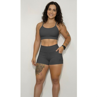 Conjunto Academia Mega Power Feminino Short Meia Coxa com Bolso e Top Moda Fitness Premium em Oferta na Shopee