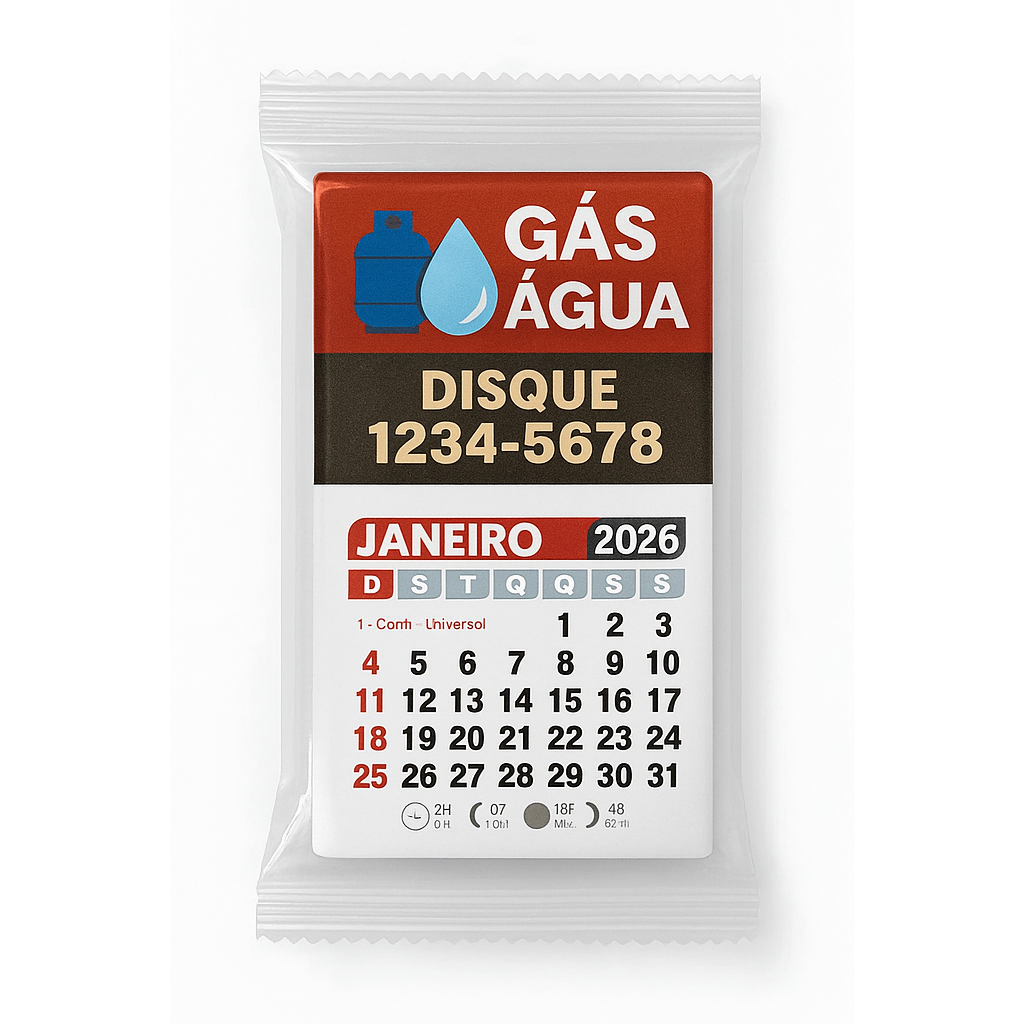 1000 Ímãs Geladeira Personalizados Gás e Agua 5x4 cm Bloco Calendário 2026 Arte Grátis