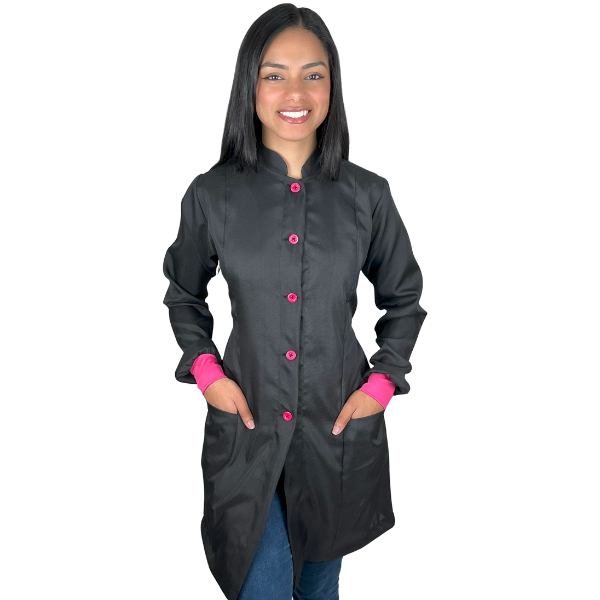Jaleco Feminino Preto Acinturado com Punho e botão Rosa Pink - Oxford