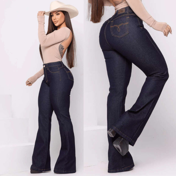 Calça Country Flare Reta Barra Larga Bordada Texas TXP Muladeira Feminina Feminino Com Elastano Cintura Alta Boiadeira