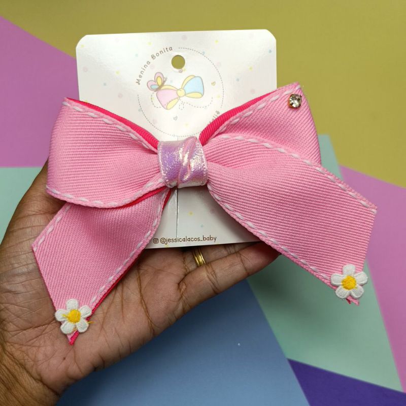 Laço rosa com flores/laço infantil rosa/Laço juvenil de cabelo
