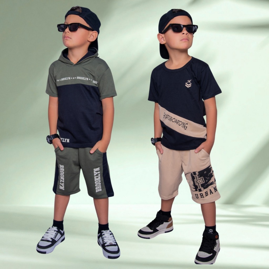 Kit Com 2 Conjuntos infantil Juvenil Estiloso Verão Camisa Bermuda Roupa de menino Top 2 Ao 14 Anos