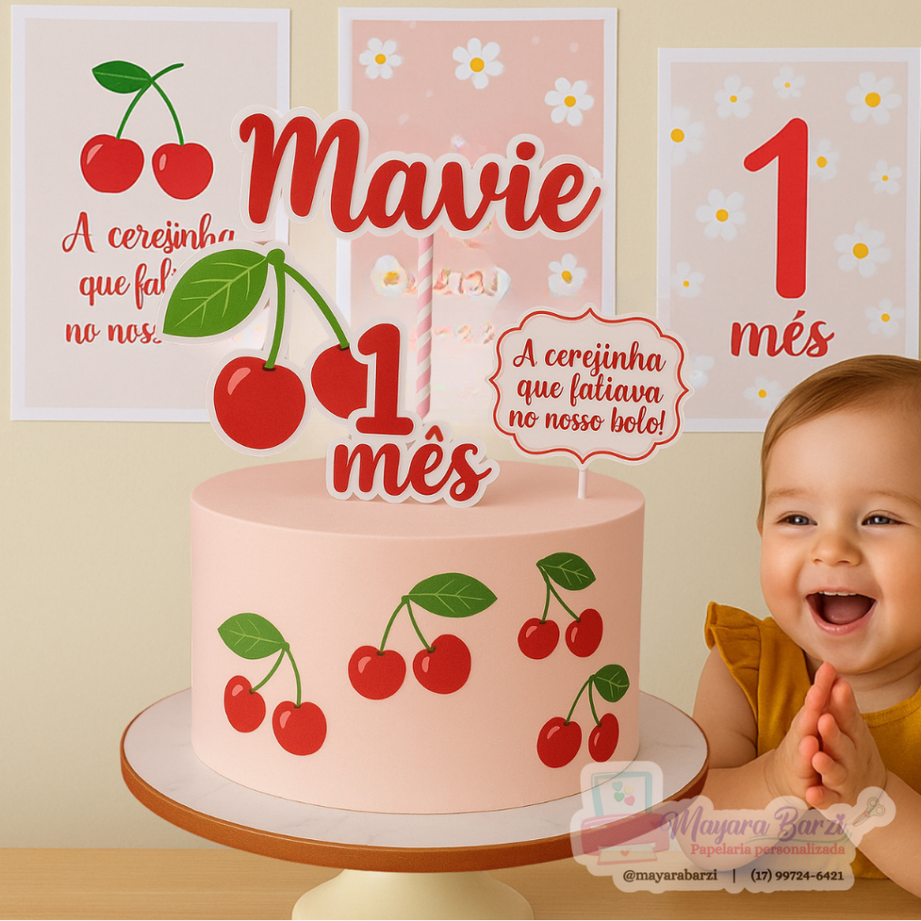 Topper Personalizado Cereja | mesversario aniversario | Topo de Bolo A Cerejinha que faltava...