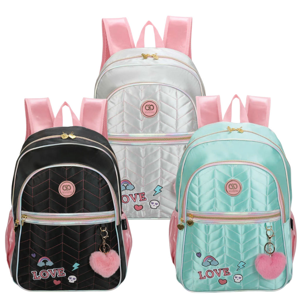 Mochila Escolar Para Menina De Costas De Cetim Brilhoso Estilosa Feminina Santino