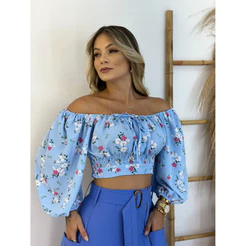 Cropped Ciganinha Lastex Manga Bufante Feminina Estampada