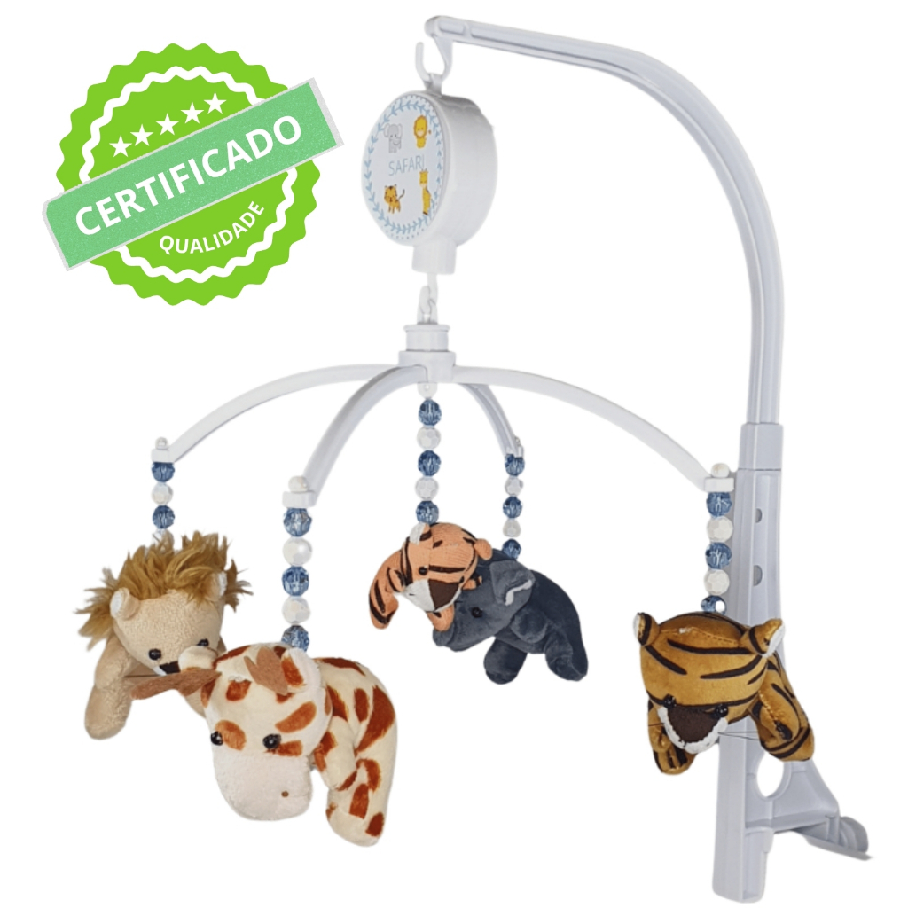 Brinquedo para Berço Mobile Bebê Musical E Giratório Safari Animais da Floresta Azul c/ Certificado de Qualidade