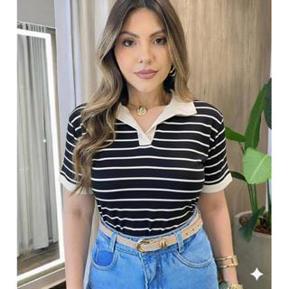 Camiseta blusa t shirt polo feminina listrada moda casual blogueira malha viscolycra confortavel dia a dia em Oferta na Shopee