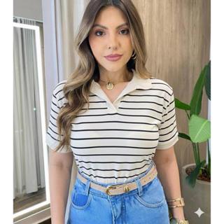 BLUSA CAMISETA FMININA POLO T SHIRT LISTRADA CASUAL DIA A DIA MALHA VISCOLYCRA  BLOGUEIRA BASICA em Oferta na Shopee