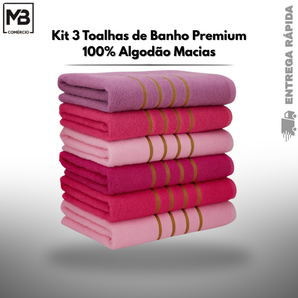 Kit 3 Toalhas de Banho Premium 100% Algodão Macias e Absorventes – Cores Masculinas e Femininas