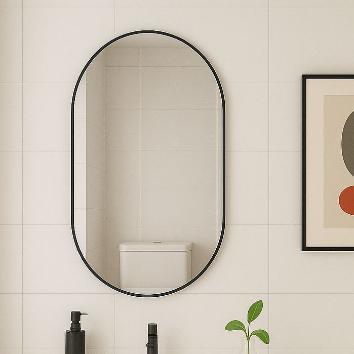 Espelho Oval Grande Com Moldura Borda Couro + Suporte Parede