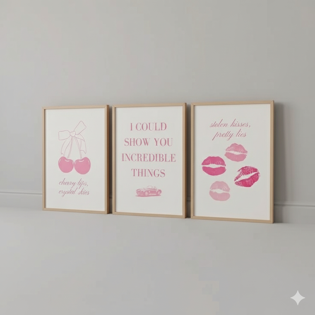 Quadros decorativos Taylor Swift Blank space Cereja Carro Beijos Labios Rosa (3 peças)