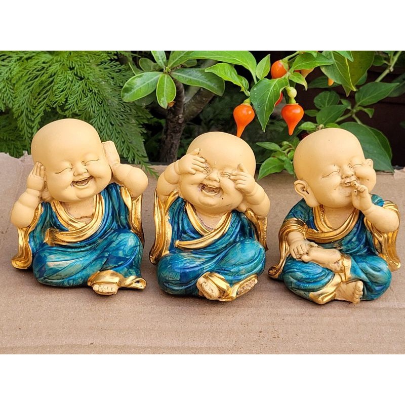 Buda Monge Decoração Trio De Budas Sabedoria 8 cm Jardim Zen Monge Novo