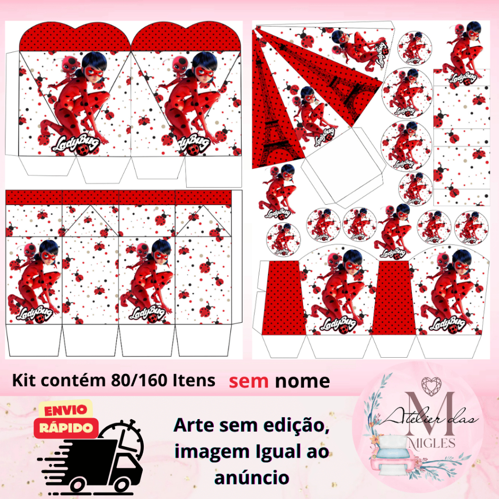 Kit com 80/160 itens TEMA LADYBUG  (sem nome) - Envio rápido!!! em Oferta na Shopee