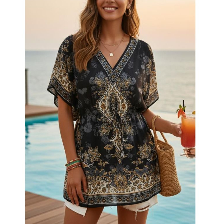 Kaftan Indiana Curta Feminino Boho Chic Cafta Saída de Praia Bata Moda Praia Vestido Curto Indiano